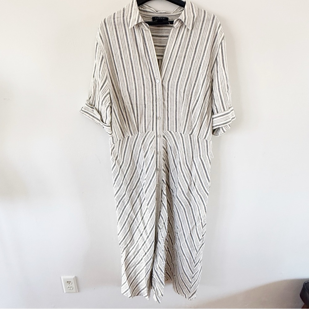 Tahari Women Linen Blend Stripe Button Up Midi Dress XL Spring Classic Nautical
